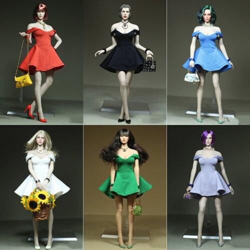 1:6 Sexy Female one Shoulder Dress Female Elegant Short Skirt Necklace Bracelet Bag Dress Sets for 12 Inches Action Figure Body