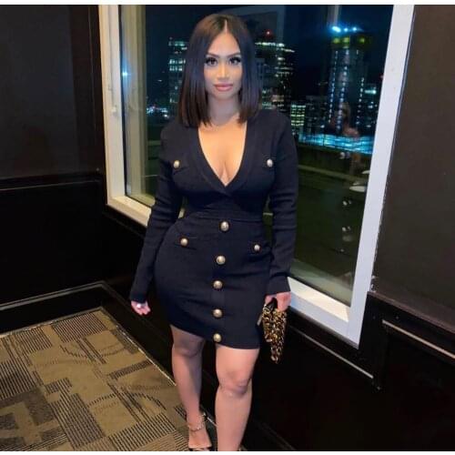 2021 new High Quality black Fall Fitness Casual Knit Dress V-neck Plaid Buttons Solid Slim Sheath Mini Dress wholesale