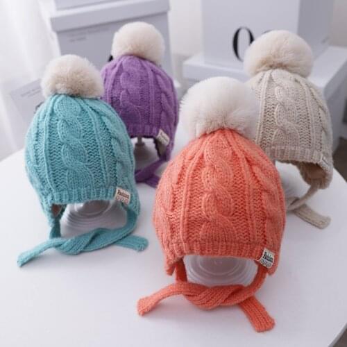 Winter Boy Girl Acrylic Crochet Earflap Hat With Pompon Velvet Inside Thick Warm Baby Caps For Kids Bonnet