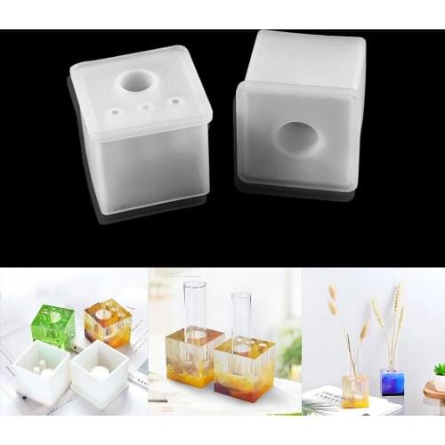 1pcs Cube Flower Pot Silicone Mold Round Hole Concrete Cactus Vase Epoxy Resin Mould For DIY Flower Arrangement Decoration Craft