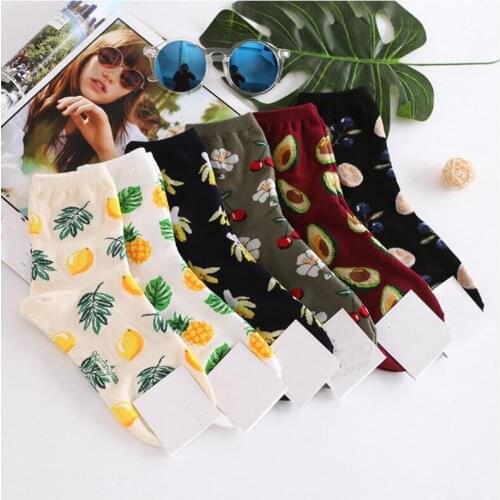 2018 Print Fresh Fruits Socks Banana Lemon Avocado Cherry Blueberry Orange Gardenias Flamingos Plumerias Scoks Women