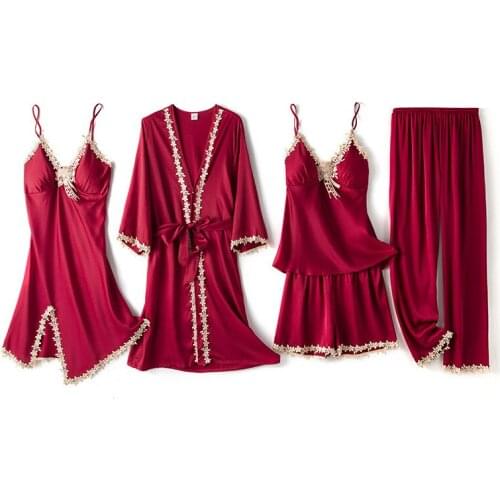 Burgundy Lace Satin Nightgown Sexy V-Neck Cami Nighties Pijama Home Wear Womens 5 Pieces Pajamas Sets Robe Sleep Suit