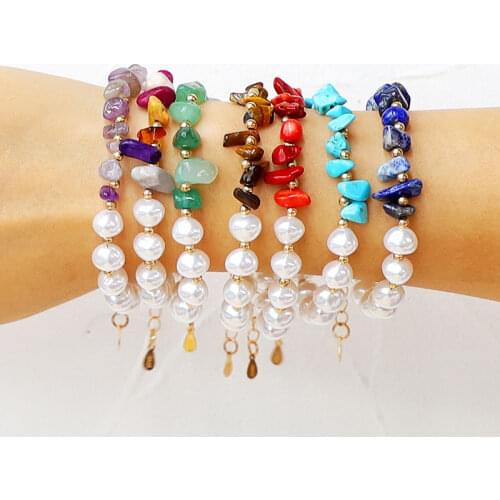 KOMI Natural Stone Color Turquoises Tiger Eye Red Coral Stone Small Gravel Imitation Pearl Men Women Bracelet Jewelry Gifts