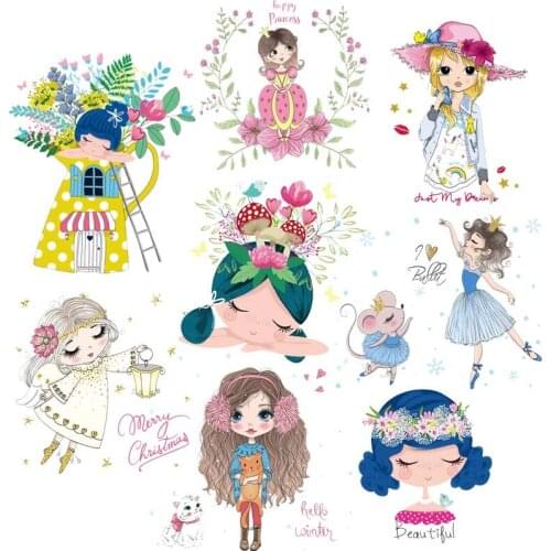 Prajna Flower Girl Ironing Stickers Heat Transfer Vinyl Patch Thermal Iron On Transfer For Clothes Baby T-shirt Cartoon Applique
