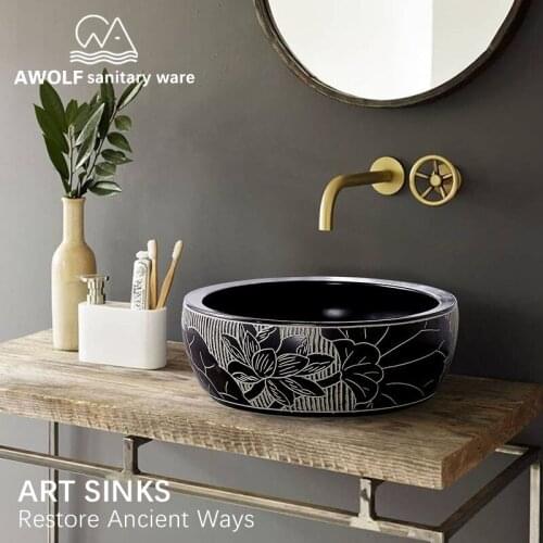 Art Bathroom Sinks 41*41*15cm Ceramic Vessel Washing Basin Bowl Matte Black Engraving Lavatary Sink For Hotel Household AM875