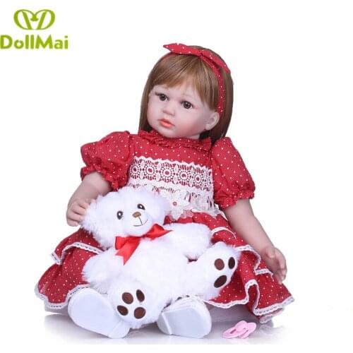 Red dress princess BEBE DOLL 58cm vinyl silicone reborn baby dolls toddler girls for children gift with bear plush bonecas
