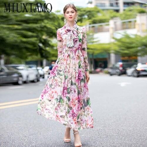 MIUXIMAO 2020 Summer Maxi Dress Newest Cute colourful Print Leaf Flower Elegant Slim Casual Long Dress Women Vestidos With Bow