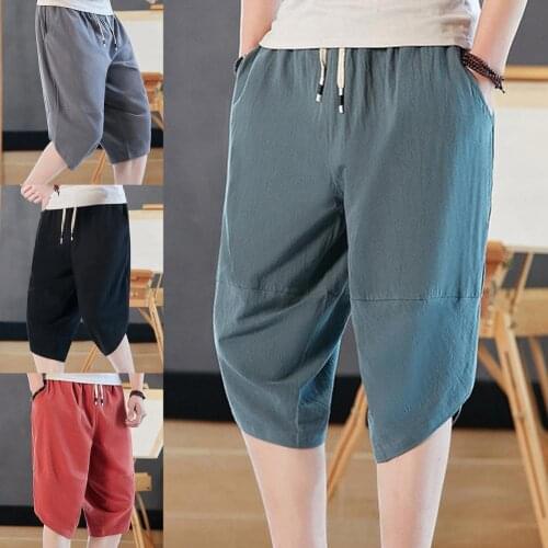 Men Short Jogging Casual Sweatpants Solid Color Capri Pants Elastic Waist Men Wide Leg Irregular Hem Thin Men Pants Sweatpants