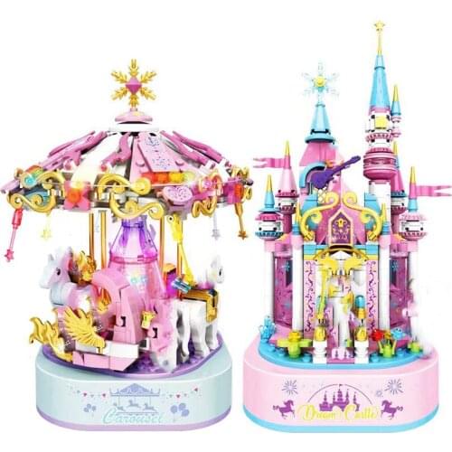 Princess Castle Model Music Box Building Blocks with Figures Light Carousel Bricks Set Toys for Children Girls Birthday Gifts