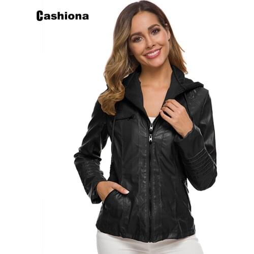 Cashiona 2021 New Faux Pu Leather Jackets Women Hooded Outerwear Pockets Zipper Coats Biker Jacket Womens Clothing Plus Size 7XL