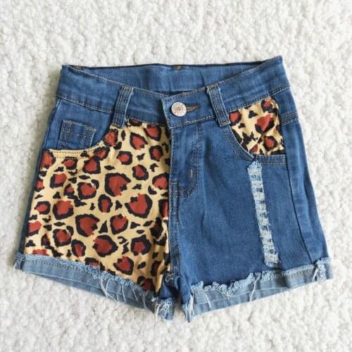 New Arrival Denim Jeans Shorts Leopard Pattern Decoration for Baby Girls Boutique Distressed Shorts Adjustable Belt
