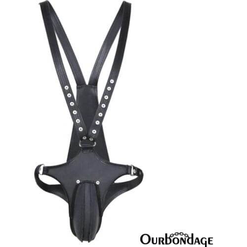 Ourbondage Soft PU Leather Male Chastity Belt Adjustable Full Cover Shape Cock Cage Bondage Shoulder Belt Sex Toys For Men Gay