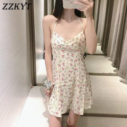 ZZKYT 2021 Women Summer Fashion Sexy Floral Print Bow Tie Straps Mini Dress Vintage V-Neck Backless Female Party Dresses Mujer