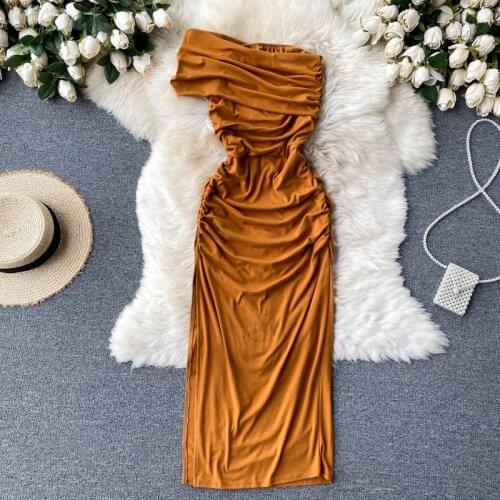 SINGREINY Women Chic Off Shoulder Dress Diagonal Collar Ruched Slim Party Dresses Summer Korean Sexy Streetwear Split Sundress