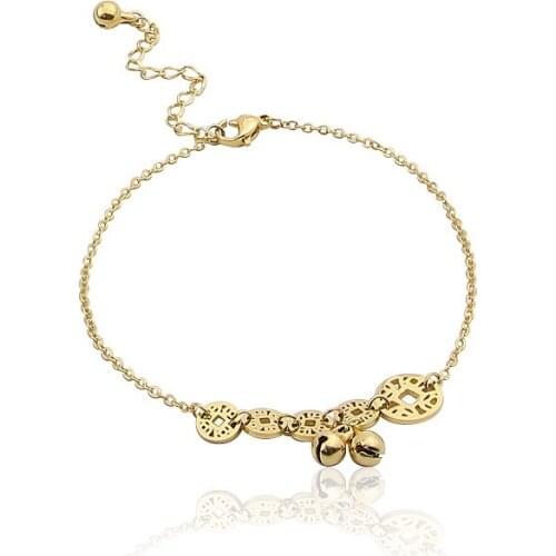 Hot Five Ancient Chinese Coins Little Bell Anklet Titanium Steel Jewelry Women Girl Lover Barefoot Anklet Fashion Foot Chain