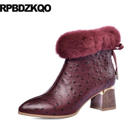 Chunky Ankle Brand Women Winter Boots Genuine Leather Designer Big Size Shoes Wine Red Booties Round Toe 10 Furry Fur Fluffy 9