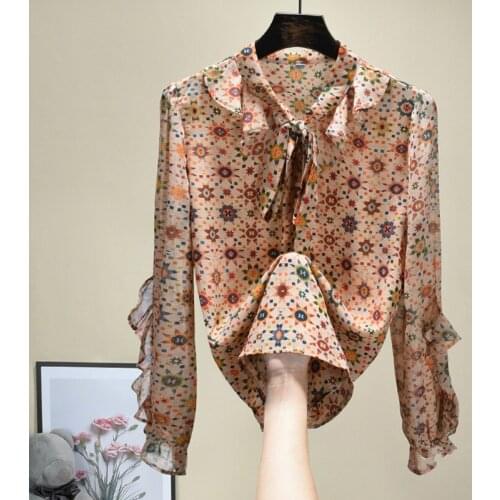 Bow Tie Collar Shirt for Woman New Ruffled Sleeve Elegant Retro Printed Chiffon Blouse Office Ladys All-Match Casual Tops Blusa