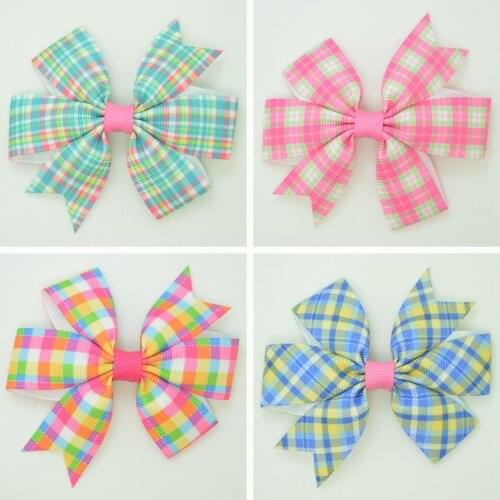 SUPWRF 3.1'' lattice pink kids hair accessories hair bow With Clip hair Ribbon headwear wholesale 20 PCS T0929