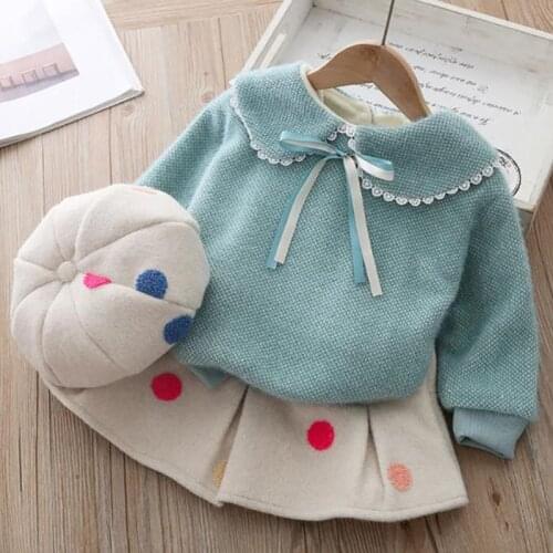 Baby Girl Winter Warm Clothing Kid Girl Polka Dot Skirt Plush Two-piece Suit Doll Collar Wool Sweater Plus Velvet Thickening Set