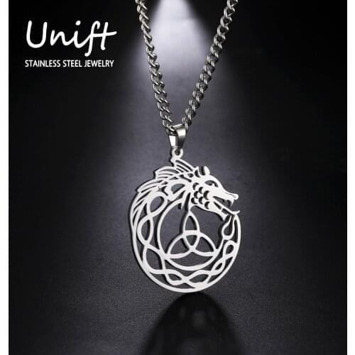 Unift Vintage Viking Celtic Knot Dragon Necklace for Women Men Stainless Steel Round Pendant Gothic Punk Jewelry Silver Color