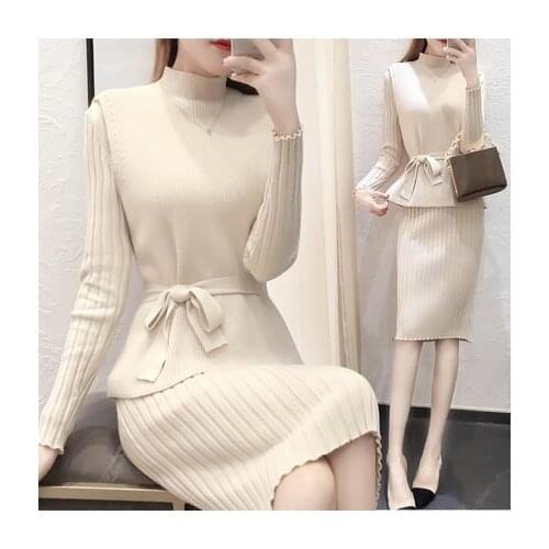 Knit sweater women fall / winter new womens Korean fashion high collar suit small incense two-piece skirt