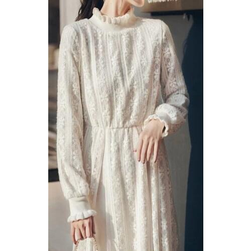 LMQ NEW Women White Hollow Lace Crochet Long Sleeve Lotus Leaf Half High Collar Plus Cashmere Dress Party Elegant Clothing