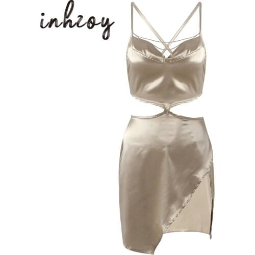 Women Sexy Clubwear Backless Party Dresses Spaghetti Strap Satin Bodycon Split Mini Dress