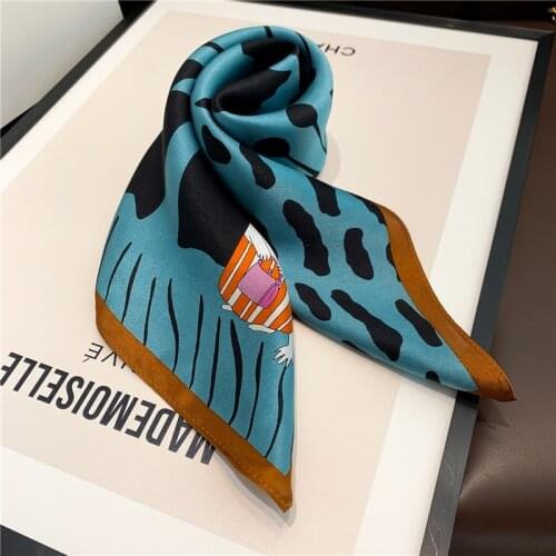 100% Silk Cartoon Scarf Women 53*53cm Handkerchief Blue Leopard Bear Bag Decoration Elegant Headband Small Square Scarf Luxury