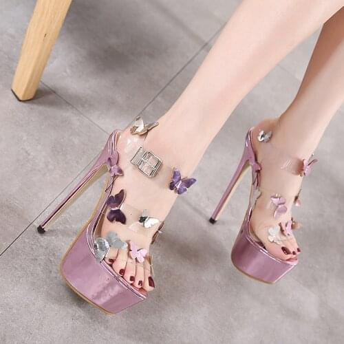 2021Gladiator Sandals Ankle Strap Platform Sandals Women Flower Transparent Women Pumps 17CM Summer Sexy Purple Woman Sandal
