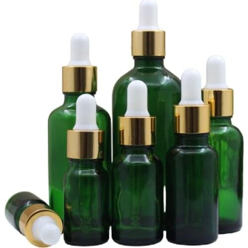 5ml 10ml 15ml 20ml 30ml 50ml 100ml Empty Green Glass Essential Oil Vials Gold Ring White Top Cosmetic Packaging Essencn Bottle