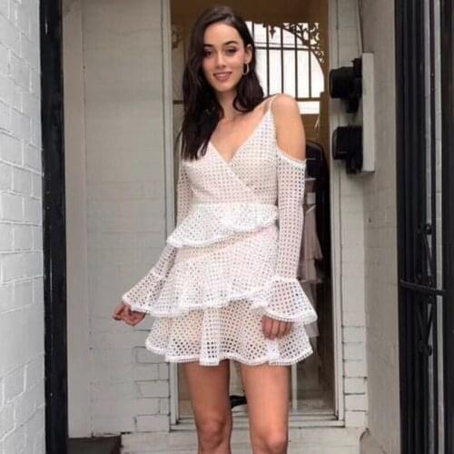 White mini Dress new 2021autumn Sexy Spaghetti Strap long sleeve V-neck Ruffle Party designer dresses runway french high quality