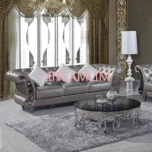 Living room Sofa Chesterfield genuine leather couch Nordic muebles de sala cama puff asiento sala futon grey crystal buttons