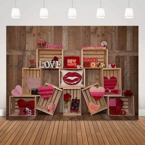 Love Heart Valentines Day Photography Backdrop XOXO Brown Wood Board Love Kiss Rose Wedding Portrait Background Photo Studio