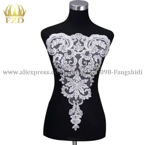 FZD 1 Piece Bodice Applique Pearl Rhinestones Beaded Wedding Dress Beaded Lace Appliques for Women DIY Fabric Trimming