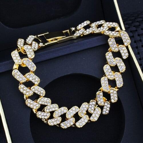 Jiayi jiaduo Hip Hop 15MM Cuban Chain Bling Iced Out Paved Rhinestone Mens Bracelets For Men Jewelry