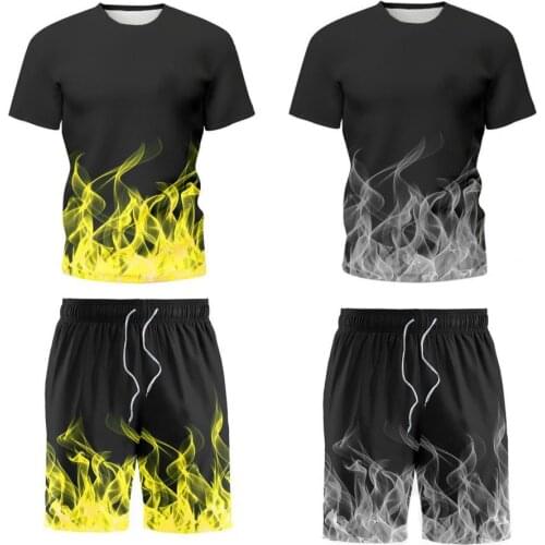 3D Digital Print Men Two Piece Tracksuit Drawstring Two Piece Summer Flame Print T-Shirt Shorts Suit Outfit Activewear