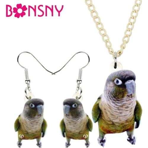 Bonsny Acrylic Jewelry Cute Set Green-cheek Parrot Necklace Earrings Hipster Bird Pendant For Women Girls Teens Party Gift NE+EA