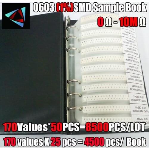 4250/8500 PCS/LOT RC0603 FR-07 0603 1% SMD Resistor Sample Book 0R~10M Tolerance 170 Values 25pcs 4250 pcs Resistors Kit