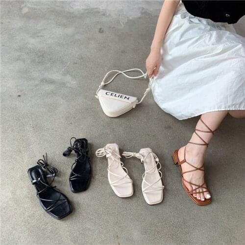 2021 New Fashion Sandal Low Heel Lacing Sandal Lacing Summer Shoes Roman Casual Sandal Narrow Sapato Mujer Shoes