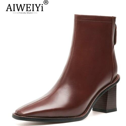 AIWEIYi Autumn Winter Short Boots Thick High Heels Single Boots Square Toe Retro Style Black Brown Martin Boots