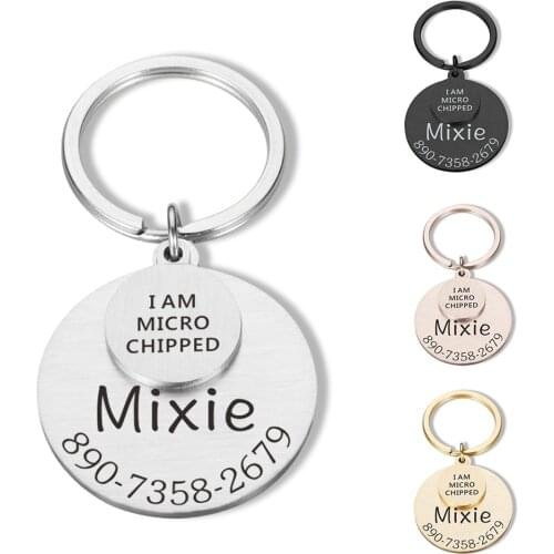 Personalized Pet ID Tag Keychain I AM MICRO CHIPPED Engraved Pet ID Name for Cat Puppy Dog Collar Tag Pendant Keyring Pet