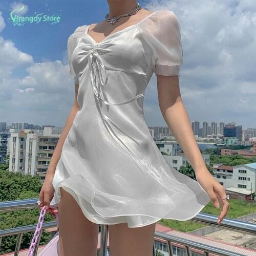 2021 Fashion Women Summer Sundress Dress Harajuku Korean Style Sexy Fairy White Mini Dress Casual Cute Kawaii Clothes