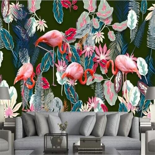 Modern hand painted tropical rainforest flamingo background wall factory wholesale wallpaper mural custom photo wall