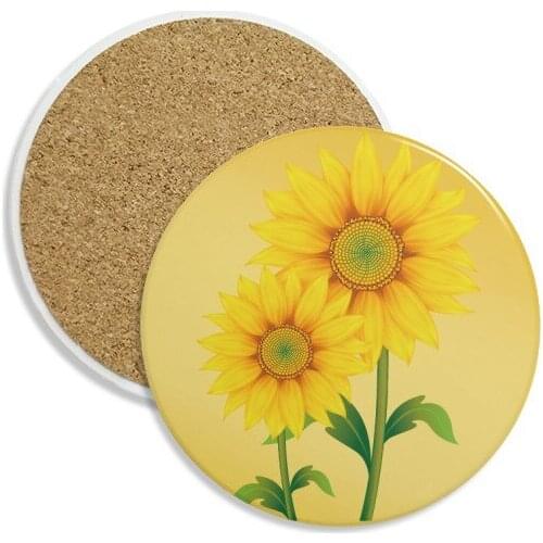 Yellow Sunflower Greenery Flower Plant Ceramic Coaster Cup Mug Holder Absorbent Stone for Drinks 2pcs Gift