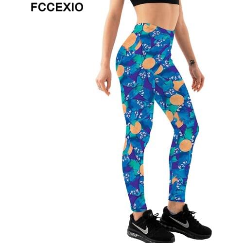 FCCEXIO Feather Shaped Leaf Printed High Quality Women Leggings Fashion Elastic Jogging Pants Sporting Fitness Seamless Leggins