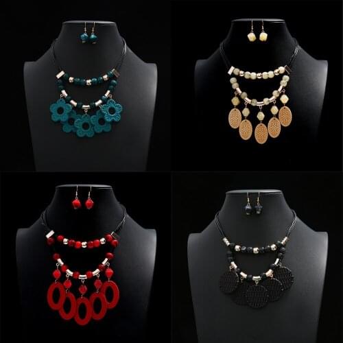 Bohemian Colorful Necklace Earrings Set Multilayer Geometry Flower Oval Tag Pendant Statment Jewelry Set For Woman Gift