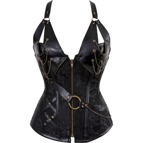 Women Steampunk Spiral Steel Boned Corset Faux Leather Burlesque Clubwear Lace up Boned Overbust Corset Halter Gothic Corset Top