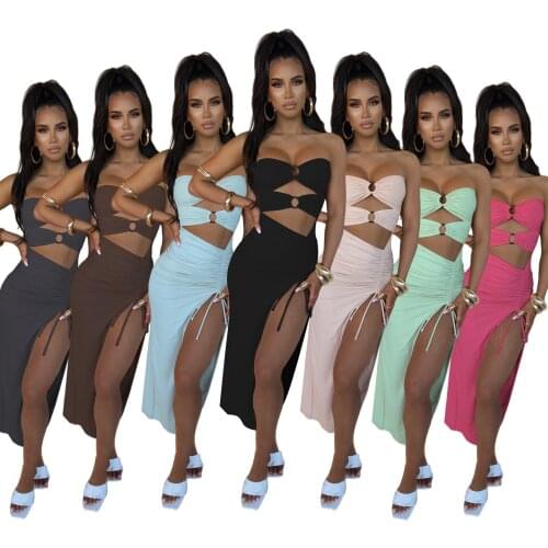 Cutubly Sleeveless Dress For Women Pleated Sexy Long Dresses Solid Hollow Out Side Split Bodycon Strapless Maxi Dresses Summer