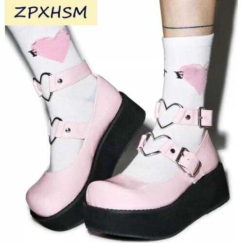 ZPXHSM 2021 Brand New Plus Size 43 Sweet Gothic Style Girls Pink Black Heart Decoration Mary Janes Flats Platform Shoes Women