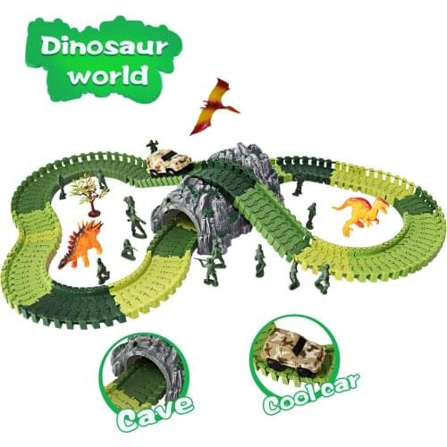 144Pcs Electric Race Car Flexible Track Sets Dinosaur World Theme Educational Toys for Children Military Roller Coaster Model